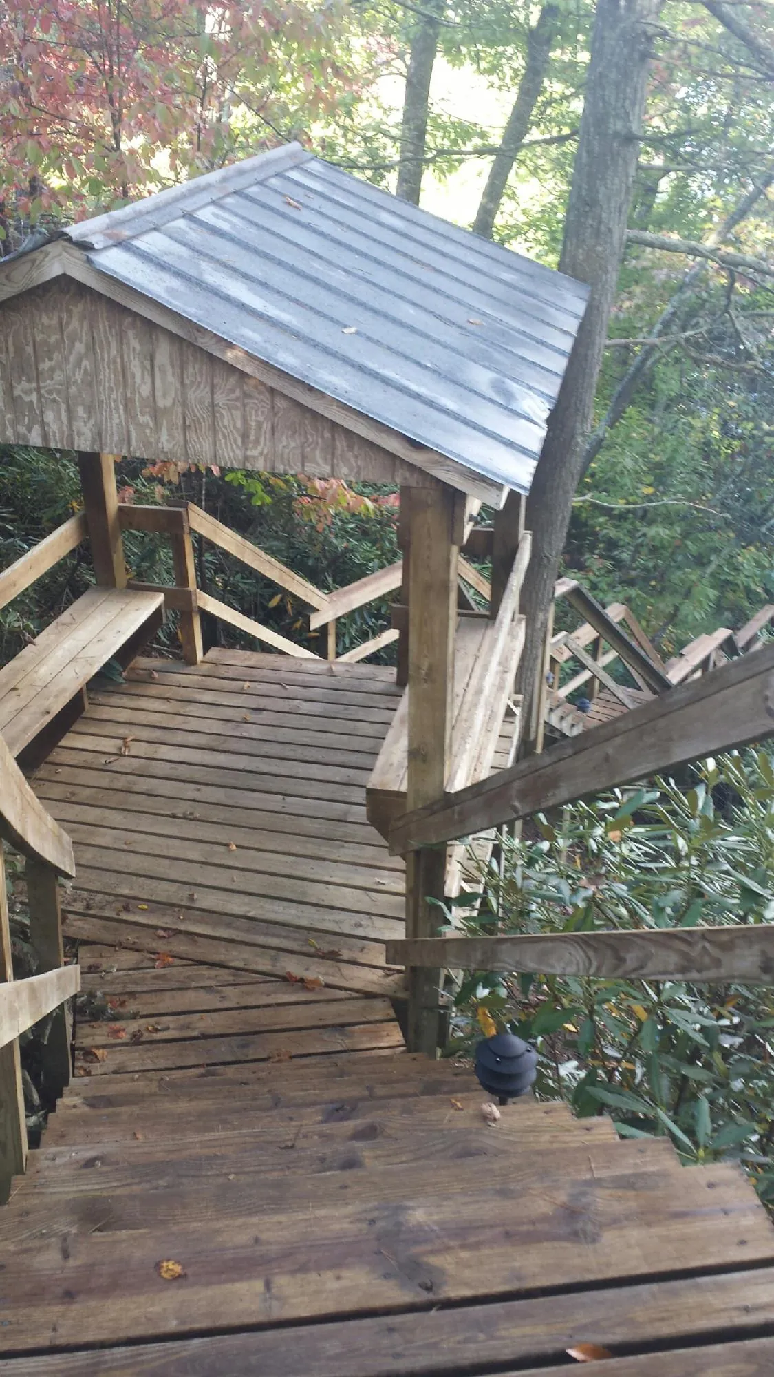 Metal roofed shelter over wooden steps on a wooded walkway — Skylight Repair & Installation work by our crew in Waynesboro